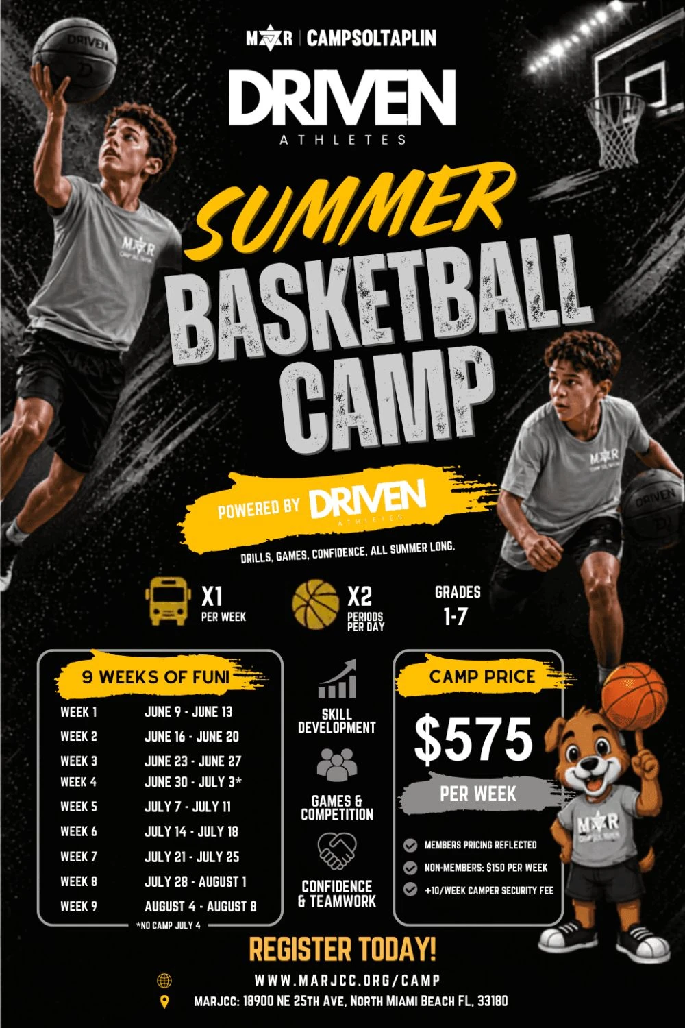MARJCC Summer Basketball Camp flyer — 9 weeks, grades 1–7, $575 per week, register at marjcc.org/camp