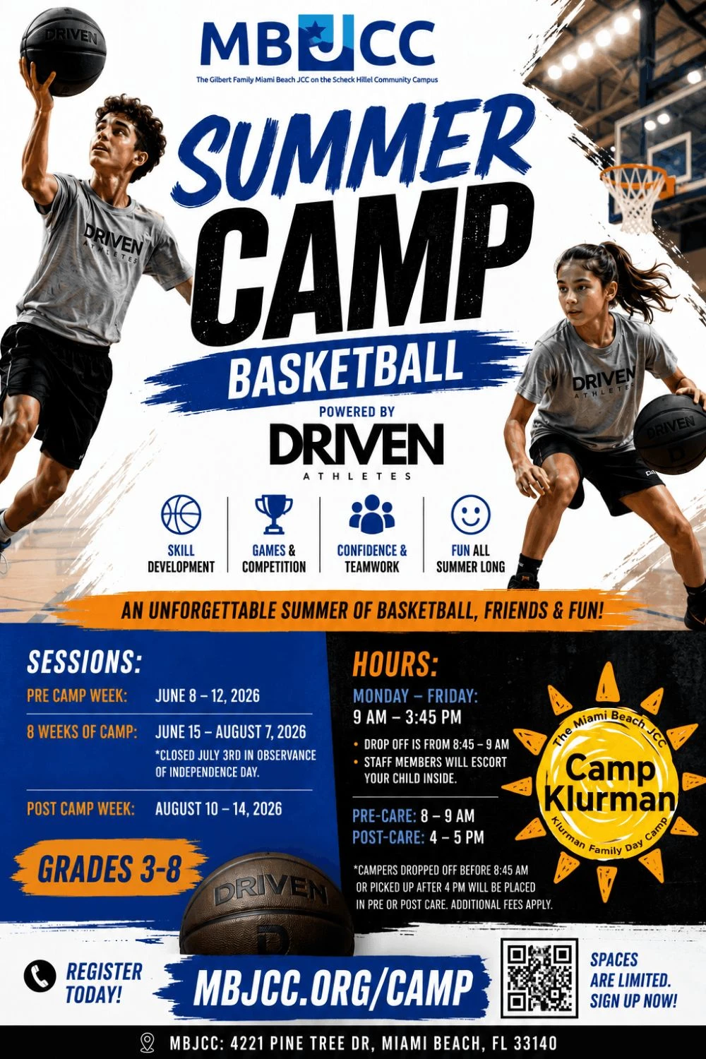 Miami Beach JCC Summer Camp Basketball flyer — grades 3–8, June 8 to August 14 2026, register at mbjcc.org/camp