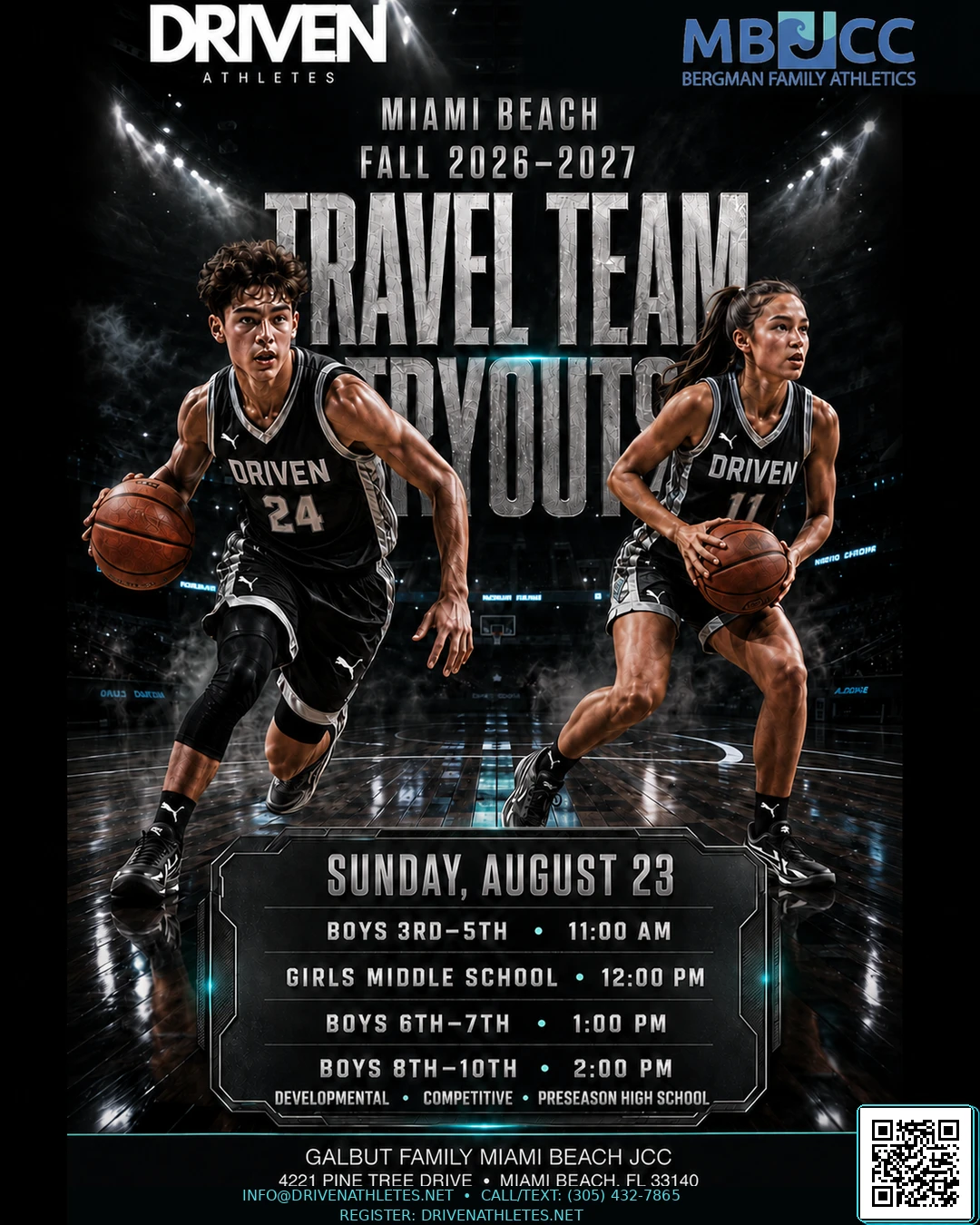 Miami Beach Fall 2026-2027 travel team tryouts flyer — Sunday, August 23